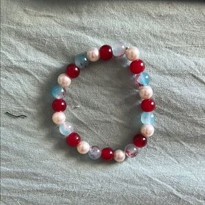 Red, Blue, and White Beaded Bracelet